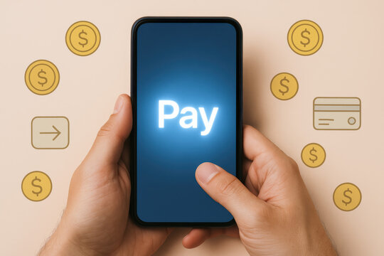 A smartphone screen illuminated with a payment prompt highlights digital transaction processes amidst symbolic currency icons representing the convenience and innovation mobile financial services
