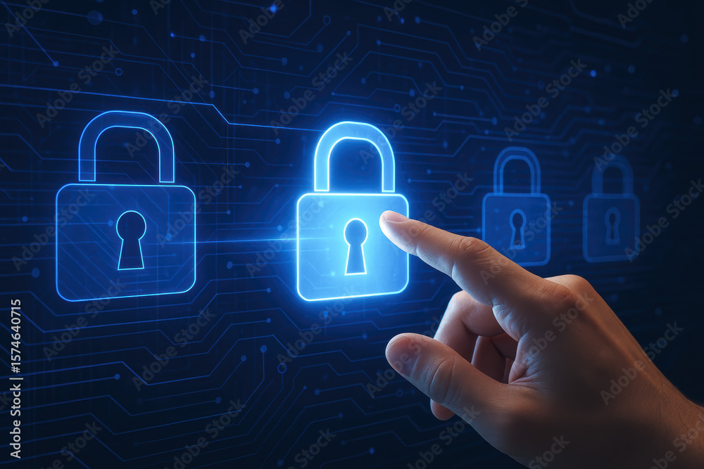 Poster a digital interface illustrates the concept security by engaging with interactive locks in a virtual
