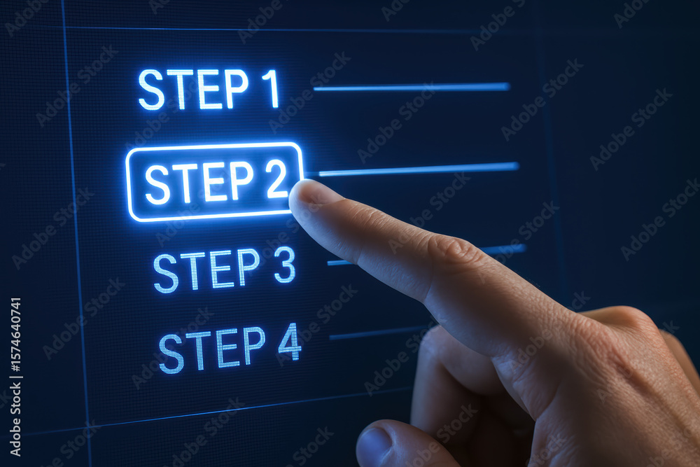 Poster a digital interface highlights progression as an index selects the current step symbolizing advancem