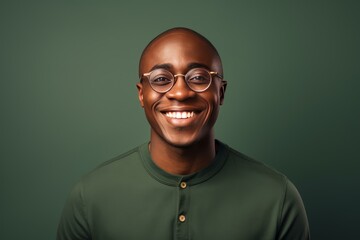 Obraz premium Studio portrait of a cheerful young black man wearing glasses, radiating happiness and confidence against a vibrant green backdrop