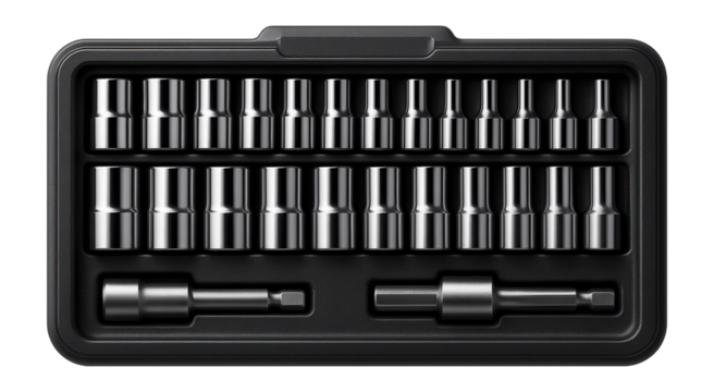 Thirty-piece socket set with magnetic bit holders for electronic assembly.