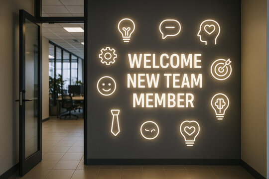 A glowing message at the office entrance symbolizes collaboration and innovation to support a new team member’s integration