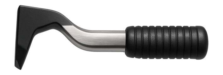 Angled head pry bar with a compact design for carrying in a tool belt.