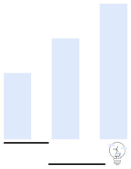Three vertical bar chart bars in gradient shades of blue with a small lightbulb icon representing ideas. Ideal for analytics, growth, innovation, creativity, progress, business strategy, simple