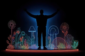 A man standing confidently on a stage with his arms outstretched, portraying a sense of empowerment and leadership