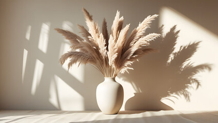 Minimalist Pampas Grass in Ceramic Vase with Diagonal Sunlight Shadows