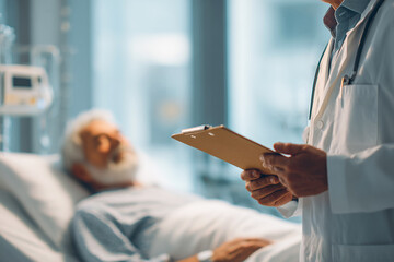 Doctor reviews patient's chart in hospital room. Professional medical care concept for web, marketing, and design.