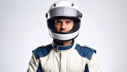 Confident man in white and blue racing suit wearing white helmet with neutral expression