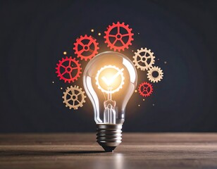 Illuminated lightbulb with gears and checkmark