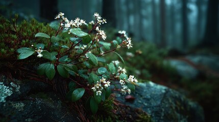 closeup of leaves and tiny flowers on mountain at night with blurred forest