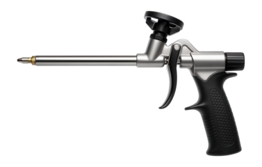 Ergonomic foam gun with a rubberized grip for comfortable use in carpentry workshops.
