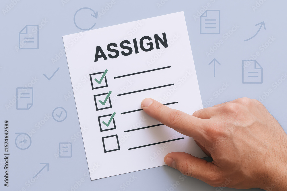 Poster a interacts with a checklist focused on task assignment symbolizing progress and organized workflow 