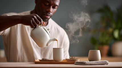 Tea ceremony with African man pouring hot steaming beverage from teapot into cup. Traditional brewing ritual preparation showing wellness lifestyle and mindful relaxation at home.