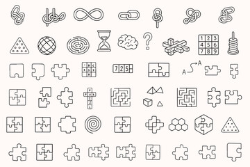 International Puzzle Day. Puzzles, jigsaw puzzles and labyrinths in doodle style. Vector illustration