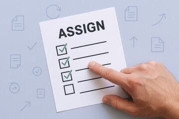 A interacts with a checklist focused on task assignment symbolizing progress and organized workflow in a business environment