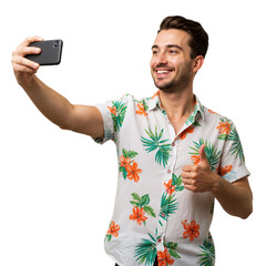 Smiling tourist in Hawaiian shirt, travel and vacation concept, isolated on transparent background, PNG format