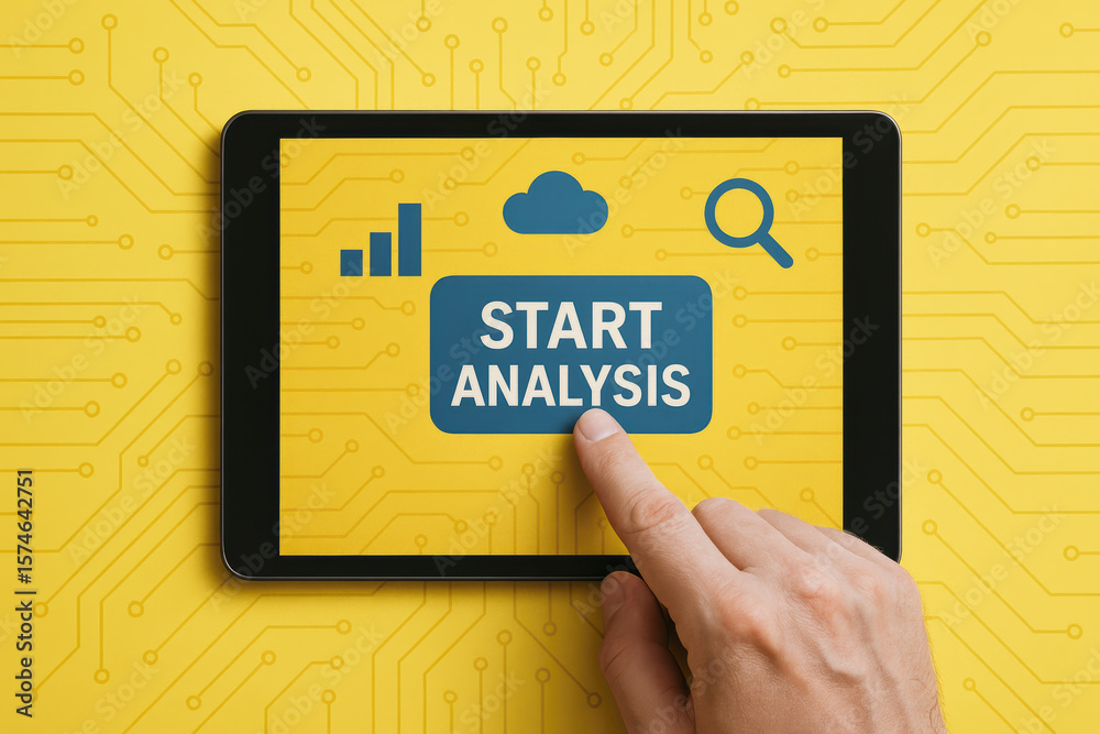 Poster initiating data evaluation on a digital interface highlights progress tracking and cloud computing i