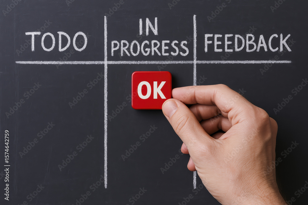 Poster a moves a red marker symbolizing approval across a task board illustrating progress and feedback in 