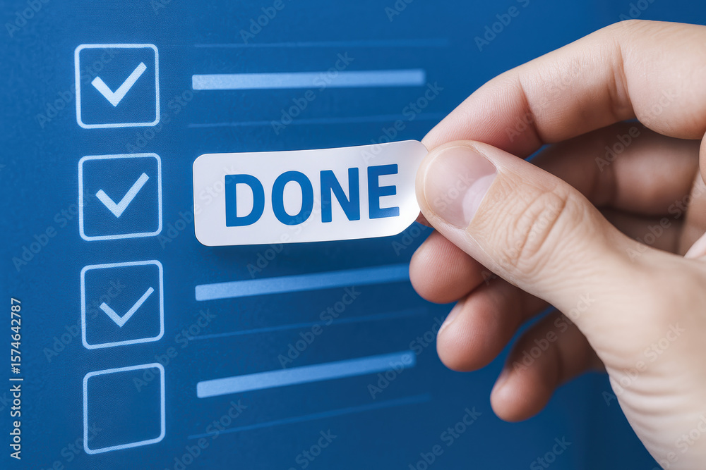 Poster completion tasks is symbolized by a marking a virtual checklist illustrating progress and achievemen