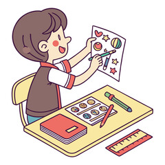 Illustration of a child drawing on a paper at a desk with art supplies and a book in a room setting