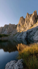 Serene lake reflects jagged cliffs under clear sky, surrounded by lush grass