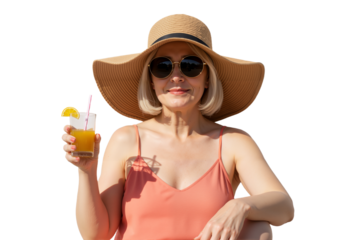 Older white woman with hat holding cold drink on white background, high-resolution relaxed summer lifestyle PNG