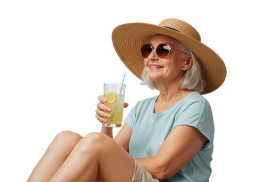 Older white woman with hat holding cold drink on white background, high-resolution relaxed summer lifestyle PNG