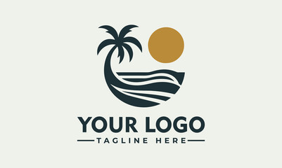 A stylized black and white logo depicting a tropical beach scene at night.