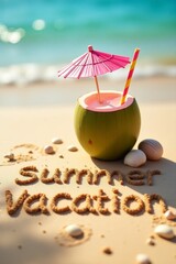 summer background with written text on sand and sunny beach vibe with Fresh coconut drink with colorful umbrella and straw 