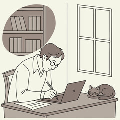 A man working at a desk with a laptop and a cat lying nearby with a bookcase in a thought bubble