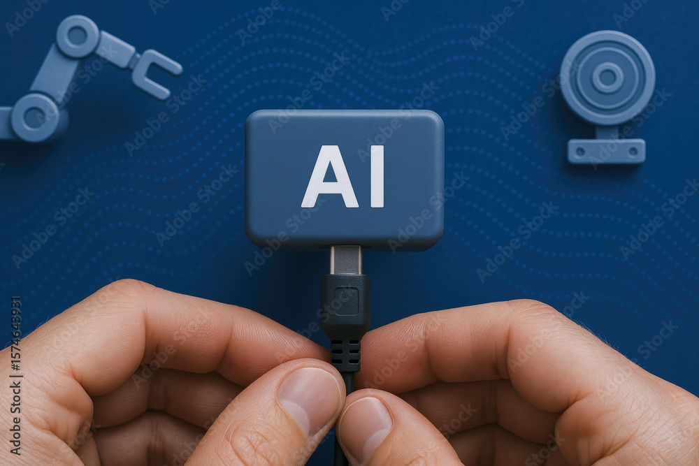 Poster the integration advanced technology and automation is symbolized by connecting a digital device agai