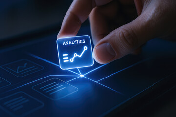 Interactive digital interfaces enable data analysis and insight integration as glowing analytics widgets are positioned within a connected workspace