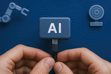 The integration advanced technology and automation is symbolized by connecting a digital device against a futuristic blue background with robotic and sensor elements