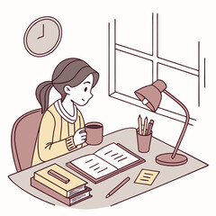 A girl studying at a desk with a book, lamp, clock, and coffee cup in a cozy room near a window scene