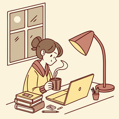 Girl studying at her desk with a laptop books and coffee under a lamp in front of a window at night