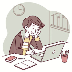 Illustration of a young man studying or working on a laptop with books and pencils on a desk at home