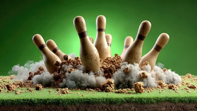Bowling pins falling into popcorn pile