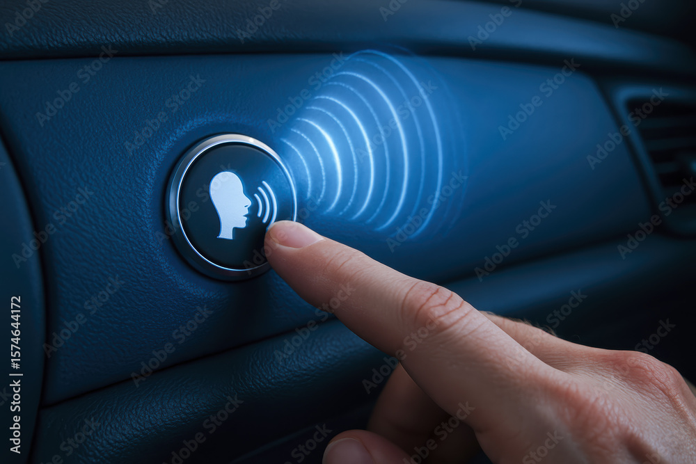 Poster activating a voice command interface symbolizes innovation and interaction enhancing communication e