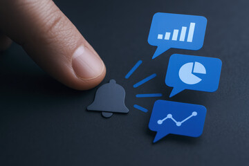 A activates a notification bell icon that signals expanding analytic data insights with charts and graphs representing business alerts and monitoring