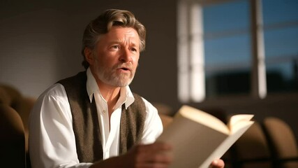 A passionate performer reciting poetry in a concert hall