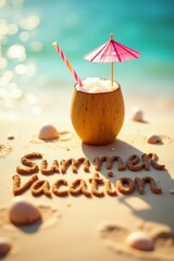 summer background with written text on sand and sunny beach vibe with Fresh coconut drink with colorful umbrella and straw 