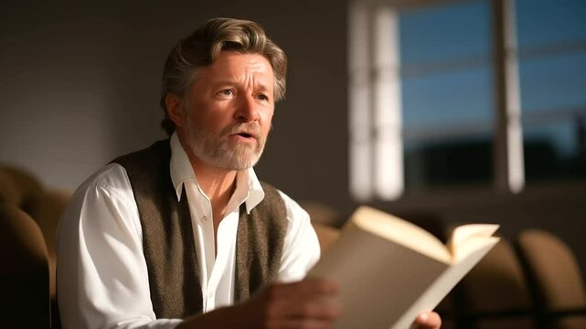 A passionate performer reciting poetry in a concert hall
