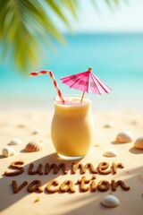  pina colada refreshing tropical drink with summer background with written text on sand and sunny beach vibe 