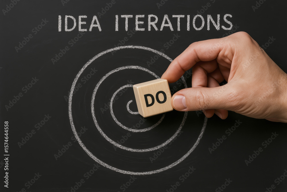 Poster a places a block labeled with action onto a spiraling target drawn on a chalkboard symbolizing focus