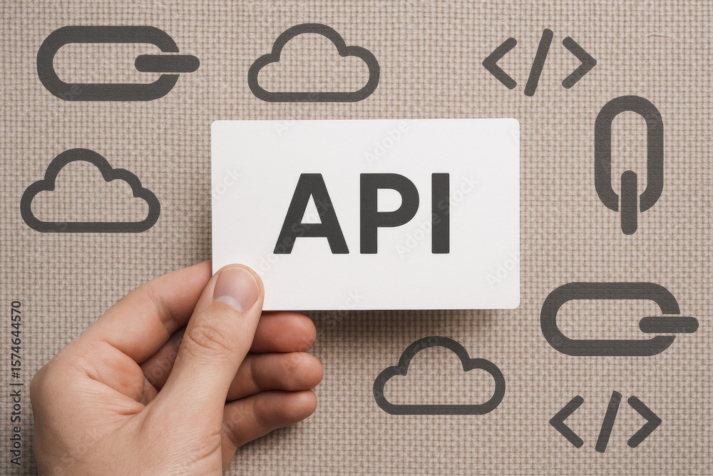 Poster the concept digital integration is illustrated by a holding a card with api text surrounded by cloud