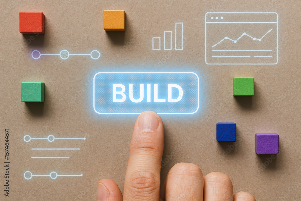Poster a activates a glowing build button surrounded by colorful blocks and graphical timeline elements rep