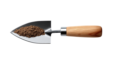 Gardening Hand Trowel with Soil: A close-up shot of a pristine hand trowel, glistening metal and a smooth wooden handle. It cradles a pile of rich, dark soil, ready for planting and nurturing life.