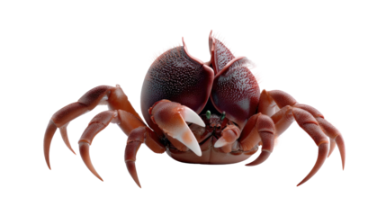 Crab's Unique Pose: A close-up view showcases a striking crab with a textured carapace, its formidable claws and body details capture the essence of this marine creature.