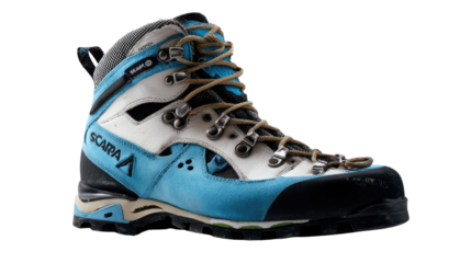 Hiking Boots: Sturdy and stylish hiking boots designed for outdoor adventures, featuring a mix of white, blue, and gray tones with durable construction and lace-up closure.