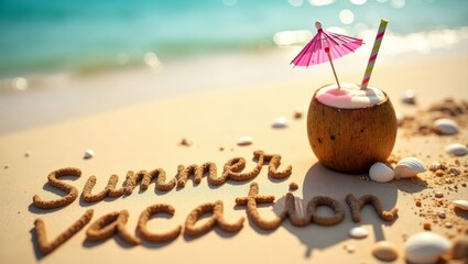 summer background with written text on sand and sunny beach vibe with Fresh coconut drink with colorful umbrella and straw 